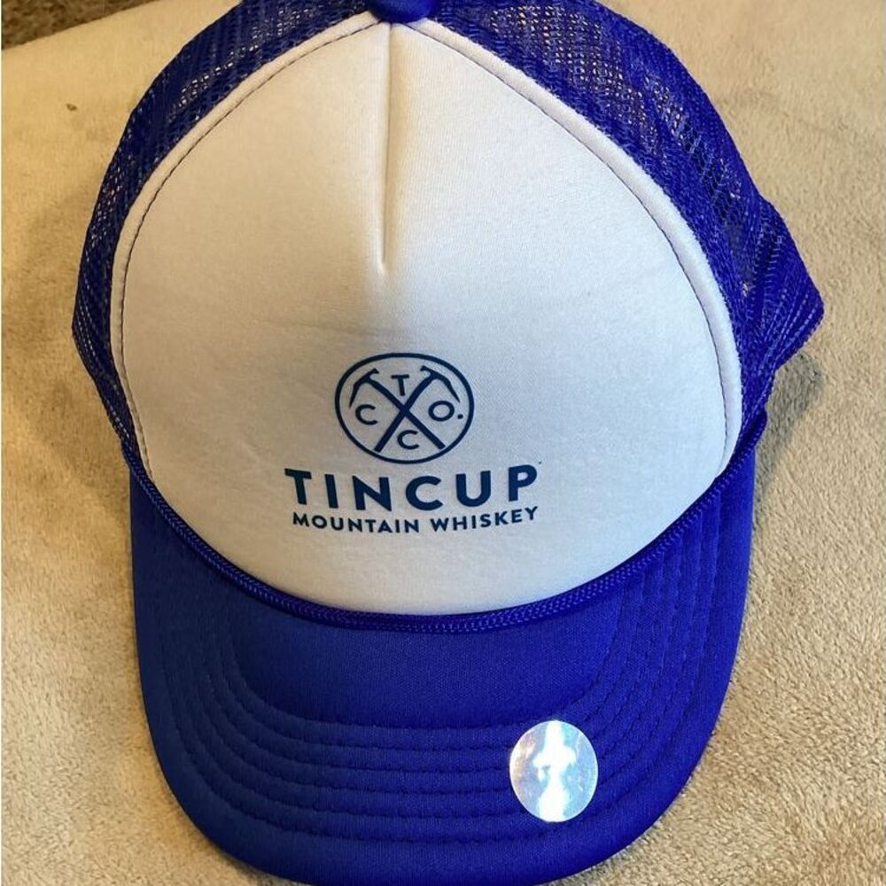 Tincup Mountain Whiskey Trucker Hat, Royal Blue and White, mesh snapback‎